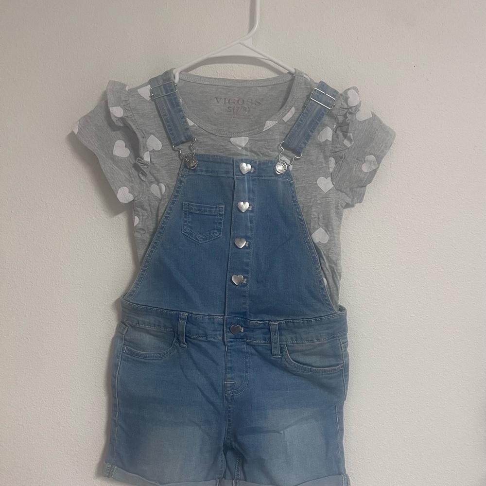 Kids Denim Overalls with Gray Heart Shirt